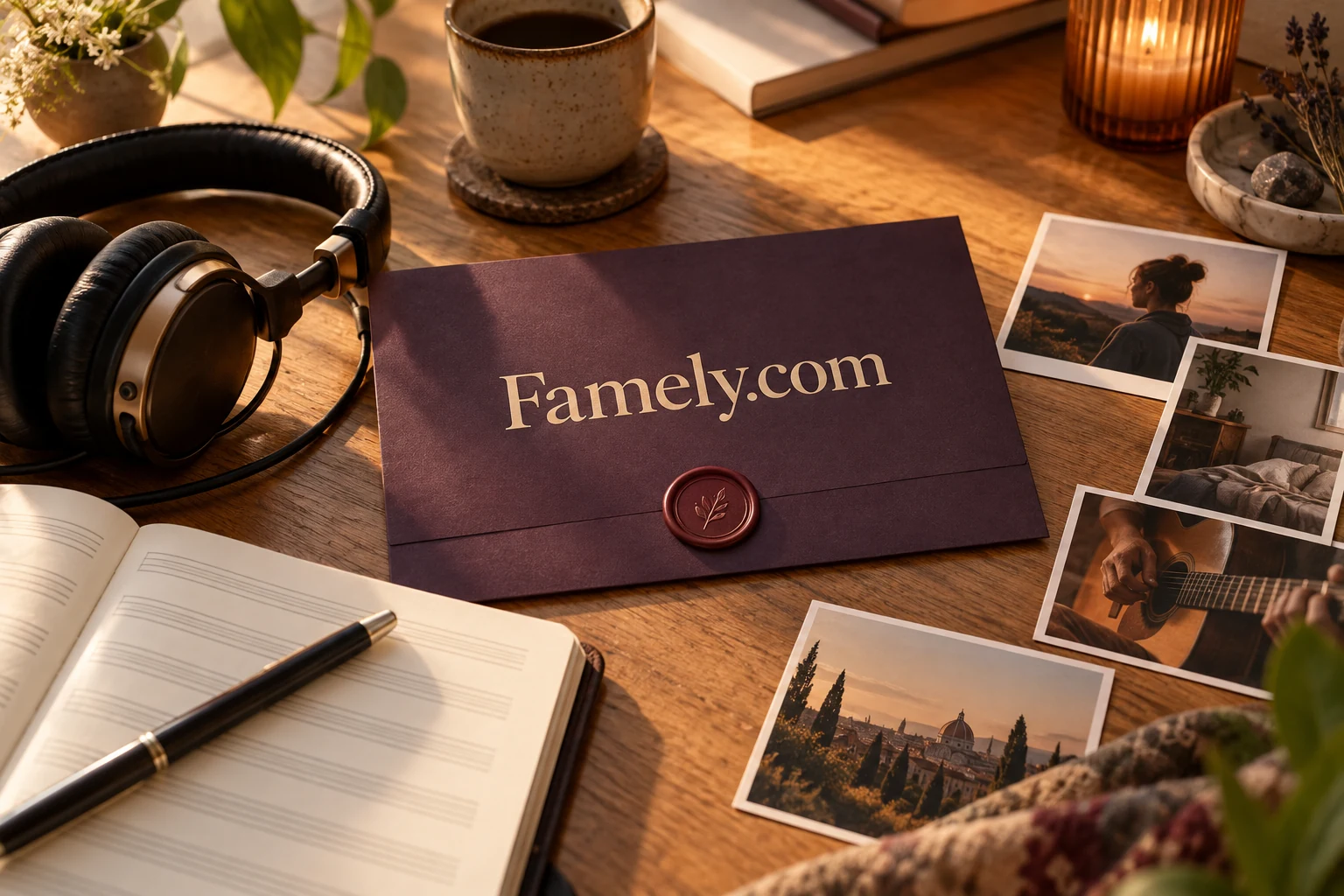 A Famely.com keepsake book and photographs on a warm wooden table